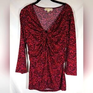 Michael Michael Kors Ruched V-Neck Red & Black Cat Print Blouse Size Small
